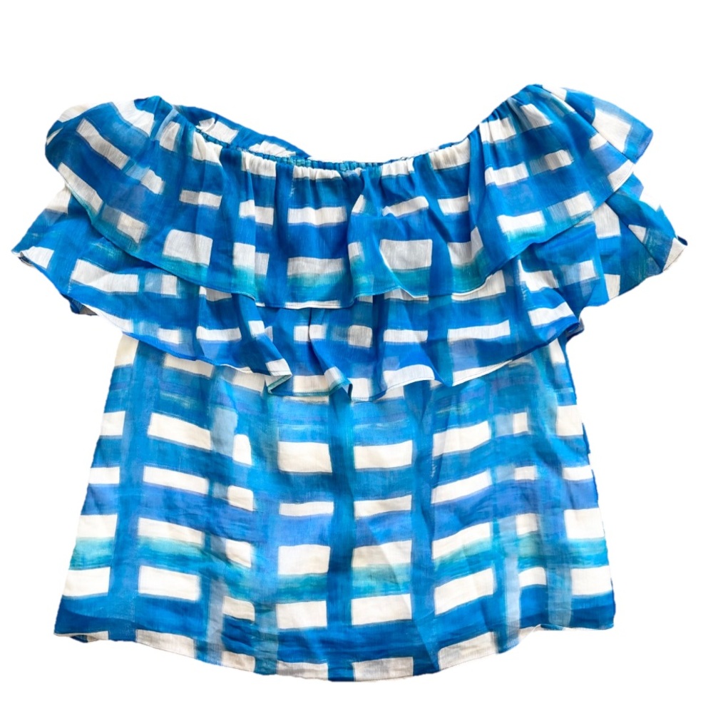 MARIE OLIVER Yaya Blouse In Amalfi Madras Ruffle Top Off The Shoulder Chic Small - Picture 7 of 7